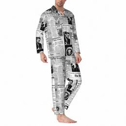 Collage de periódicos Conjuntos de pijamas Otoño Viejos periódicos americanos Fi Noche Ropa de dormir 2 piezas Casual Diseño de gran tamaño Ropa de dormir e0sR #