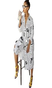 Kranten afdrukken lange mouw shirt jurk dames turn kraag knop omhoog blouse jurk dames streetwear oversized shirt jurk j1903402101