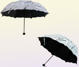 Impression de journaux trois parapluies pliants femme dame princesse dôme Parasol soleil pluie parapluie volant pliant feuilles de Lotus H10156890759