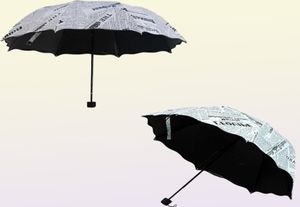 Kranten afdrukken drie vouwende paraplu's vrouw dame prinses dome parasol zon regen paraplu folding lotus bladeren h10157762895