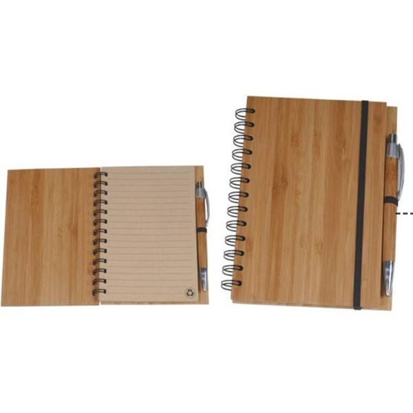 Cuaderno en espiral Cuaderno de cubierta de bambú de madera Cuaderno en espiral con bolígrafo Cuadernos ambientales para estudiantes Suministros escolares al por mayor RRF12367