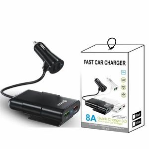 Newst Car Charger 8A QC3.0 Voor- en achterbank Autoladers Snel opladen Een sleep 4 USB-kabel Multi-port