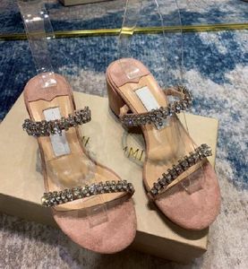 Newst Summer Luxury Design Amara Sandals Nappa Leather Shoes para mujer Adorno de perlas Correa Block Heels Mulas Lady Casual Walking Slip On Slippers
