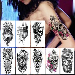 Le plus récent autocollant de tatouage temporaire étanche Totem Lion couronne crâne bras complet grande taille manches faux tatouage Flash tatouage pour hommes femmes