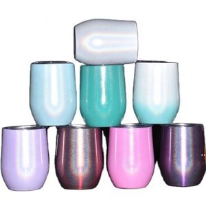 Newsublimation 12oz Rainbow Wine Tumblers Glazen Ei Vormige Glitter Champagne Mokken Roestvrijstalen Dubbele Wall Vacuüm Stiekless CCF9778