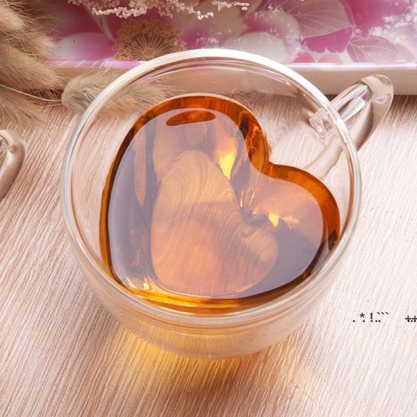 Tasses d'eau en verre transparent tasse double créative en forme de coeur tasse de café de lait ménage cuisine fournitures de boisson EWA5253