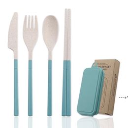 Newweat Straw Servies Set Draagbare Vouwen Tafelwares Bestek Mes Vork Lepel Chopsticks Afneembaar met Opbergdoos RRA11087