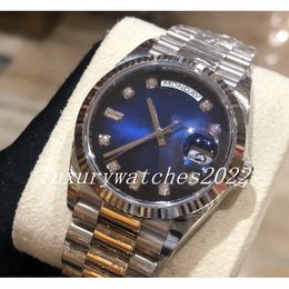 NF Super Watch 36 mm automatische zilveren blauwe wijzerplaat diamanten markeringen saffier middelste rij schelpboor Oystersteel armband met kaart Super Edition polshorloge