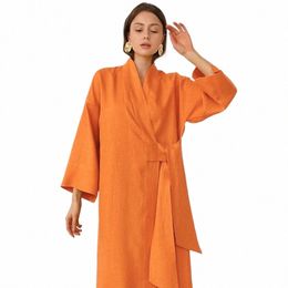 Nhkdsasa Wrap Robe elegante Cott Linen Lace Up Holiday suelto con cuello en V mujeres delgadas Dr Casual A-Line naranja Midi Dr Femme M2M8 #