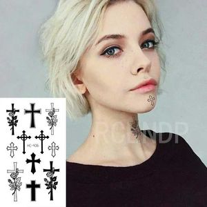 NHTW Tattoo Transfer Waterdichte tijdelijke tattoo -sticker Small Cross Rose Flower op vingerhek handflits tatoo nep tatto voor meisjes vrouwen mannen 240426