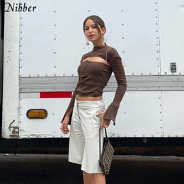 Nibber Autumn Fashion Office Lady Hollow Breien Slanke Tops Dames High Street Casual T-shirts 2019 Simple Full Sleeve Tees Mujer X0628