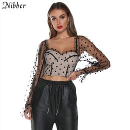 Nibber otoño sexy club fiesta noche encaje transparente crop top mujer punto negro elegante escotado manga completa camisetas mujer Y200110