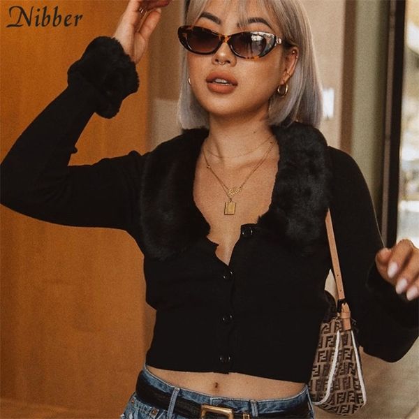 NIBBER otoño sólido negro elástico Slim tejer crop top mujer Cuello de piel suave diseño 2019 casual high streett-shirt top coat T200107