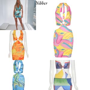 Nibber Club Wild Contrast Hollow Out Femme Robes Été Sexy Bodycon Patchwork Streetwear Casual Low-Cut Halter Beach Dress X0705