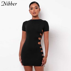 Nibber Criss Cross Bandage Mini Jurk voor Vrouwen Sexy Solid Mantel Unieke Zij uitgehold Bodycon Korte Mouw O-hals Clubkleding Y0726