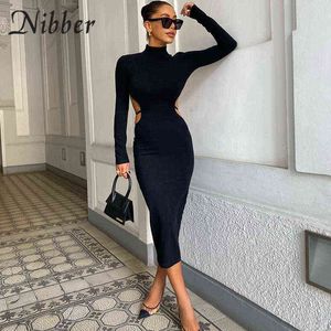 Nibber Fall Fashion Long Effen Kleur Jurken Open Back Sexy Half-High Collar voor Elegante Dames Feestvakantie Slijtage 2021 Hot Y1204