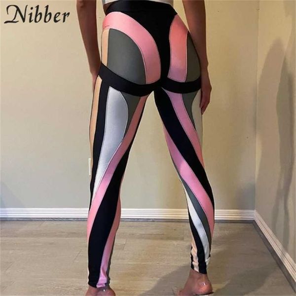 Nibber Neon Color Blocking Femmes Leggings Taille Haute Extensible Maigre Rayé Fitness Pantalon Match Femme Streetwear Slim Deal 211204