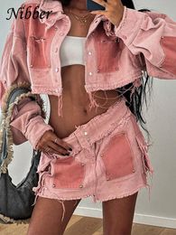 Nibber rose patchwork denim en deux pièces set femmes automne y2k vestes de revers bruts mini jupe streetwear féminin