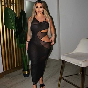 Nibber Sexy Hollow Out Sheer Mesh Femmes Maxi Robe 2021 Été Sans manches Transparent Couleur Solide Slim Bodycon Femme Clubwear Y0726