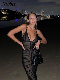 Nibber Sexy Mesh plissé de balles longues pour femmes Vêtements pour femmes Couleur de plage Party Portez une robe enveloppe midi tenue de rue 240407