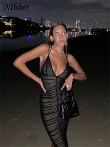 Nibber sexy mesh geplooide lange prom -jurken voor dames kleding 2023 Solid Color Beach Party Wear Midi Wrap Dress Street Outfit 240402