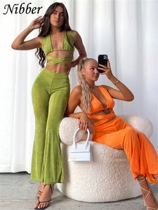 Nibber Été Sexy 2 Deux Pièces Ensembles Femmes Boucle CrissCross Clivage TopVintage Flare Corset Taille Haute Pantalon Club Streetwear 220526