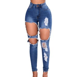 Nibesser nieuwe hoge taille jeans vrouw gescheurd blauwe broek gat potlood jeans katoen stretch bodycon vrouwelijke skinny denim broek mx190712