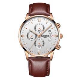 Nibosi Brand Quartz Chronograph Fine Quality Leather Strap Mens Homme Matchs en acier inoxydable Montre Luminal Date Life Imperproof Wristw 267L