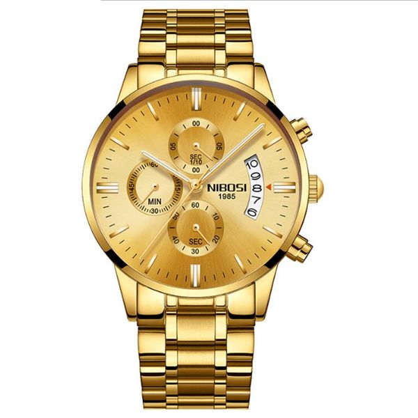 Nibosi Brand Quartz Chronograph Luxury Mens Watchs Band en acier inoxydable montre la vie lumineuse Date Life étanche.