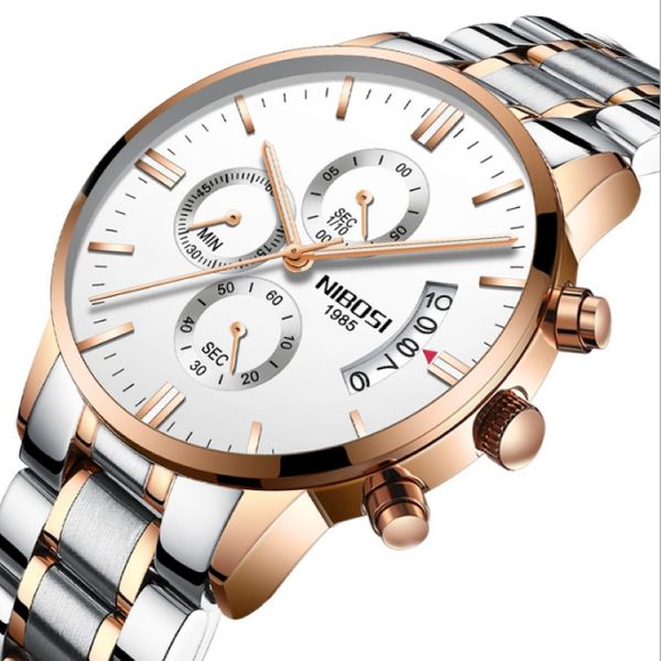 Nibosi Brand Quartz Chronograph Mens Watchs Band en acier inoxydable Montre Luminal Date Life Imperproof-Wrist Wrists 272g