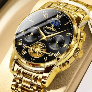 NIBOSI Mode Horloge Voor Mannen Luxe Originele Klassieke Quartz Klok Analoge Chronograaf Sport Waterdicht Maanfase Mannelijke Horloge 240227
