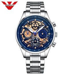 NIBOSI Edelstahl Skeleton Mode Herrenuhren mit Schwarzgold Top Marke Luxus Sport Quarzuhr Männer Relogio Masculino 210407