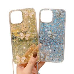 Nice Butterfly Apple Cell Phone Cases Luxe Rhineston Housses de protection pour téléphone portable pour iPhone 15 14 Pro Max 13 12 plus Perles de cristal Chaîne Bracelet Anti-chute