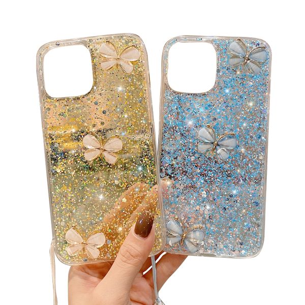 Bonitas fundas para teléfonos celulares de Apple con mariposas, cubiertas protectoras para teléfonos móviles con diamantes de imitación de lujo para iPhone 15 14 Pro Max 13 12 plus, funda anticaída con cadena de cuentas de cristal