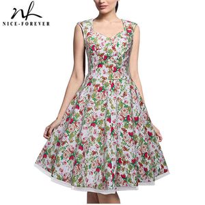 Nice-Forever 1950's Retro Floral With Mesh Ball Town Party Plooited Flared Women Swing Dress Btya003 210419