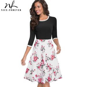 Nice-Forever 2021 Spring Retro Floral Patchwork Elegante Jurken Casual Flare Swing Dames Jurk A243 X0521