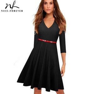 Nice-Forever Automne Femmes Genou Longueur Rétro Années 1950 avec Ceinture Robes Cocktail Swing Robe Évasée Femme btyA006 210419