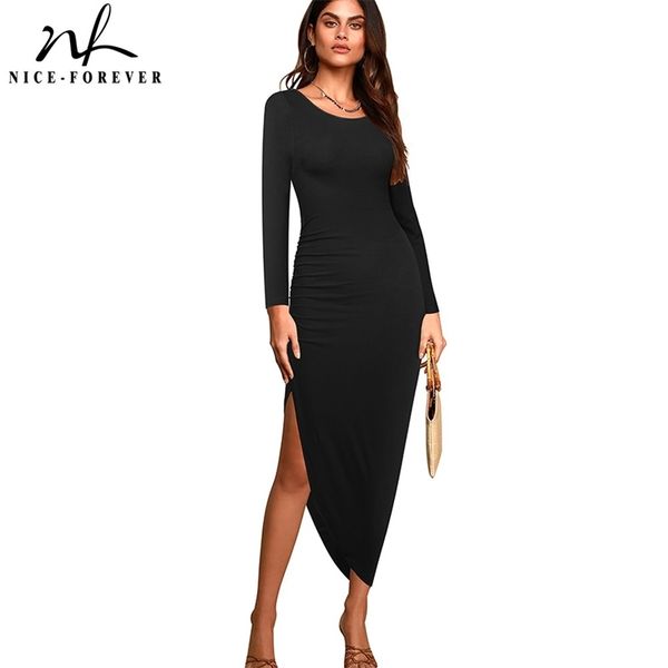 Nice-forever Otoño Mujeres Sexy Sin respaldo Vestidos negros Fiesta de cóctel Elegante Maxi Bodycon Vestido delgado btyUB20 210419