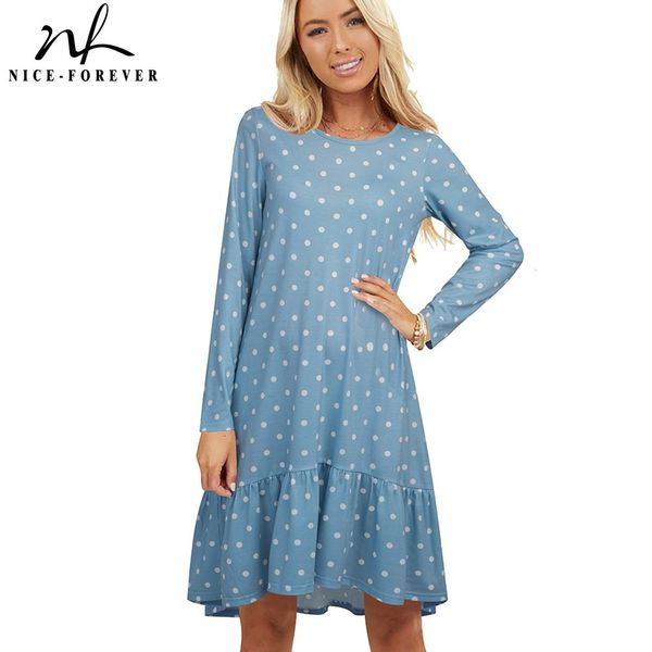 Nice-forever Automne Femmes Vintage Polka Dots Robes Casual Surdimensionné Flare Shift Stright Dress btyA231 210419