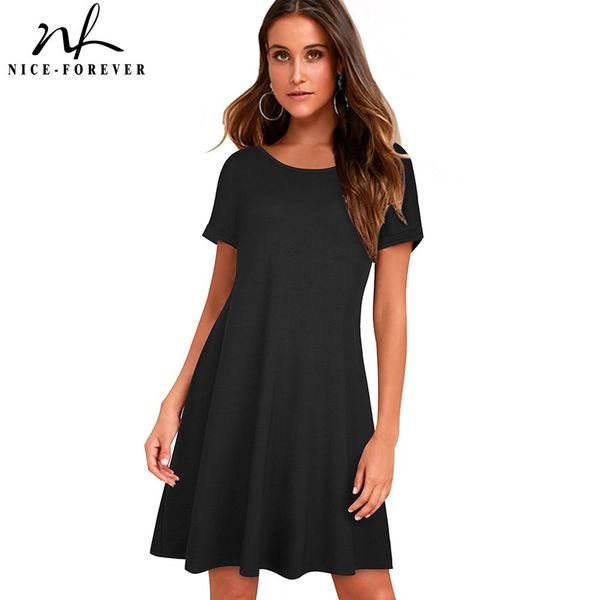 Nice-forever Causal Pure Color Basic Summer Vestidos cortos Mujeres Straight Shift Loose Dress A211 210419