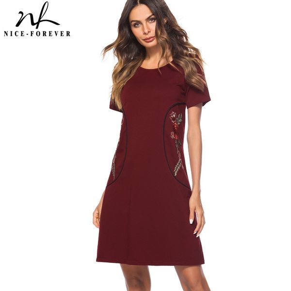 Nice-forever Causal Rockabilly cuello redondo bordado vestidos de manga corta trabajo mujeres recto vestido de cambio T034 210419