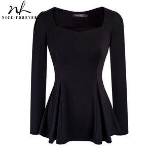 Nice-forever Elegant Black Color Square Neck Puff Sleeve T-shirt Casual Tuniek Peplum Dames Tees Tops T047 210419