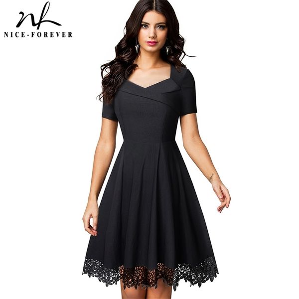 Nice-forever elegante bordado vestidos de encaje negro manga corta swing flare vestido de mujer btyA032 210331