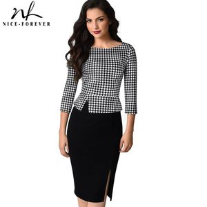 Nice-forever Elegant Vintage Houndstooth Patchwork Office Work vestidos Business Formal Bodycon Women Autumn Dress B562 210419