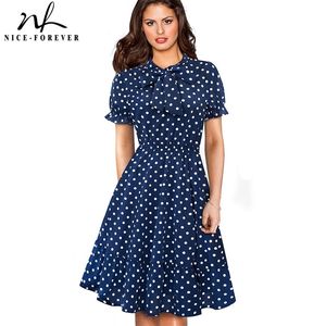 Nice-Forever Retro Vintage Polka Dots Pinup Puff Sleeve Robes Business Party Femme Flare Swing Femmes Robe A-Line A141 210419