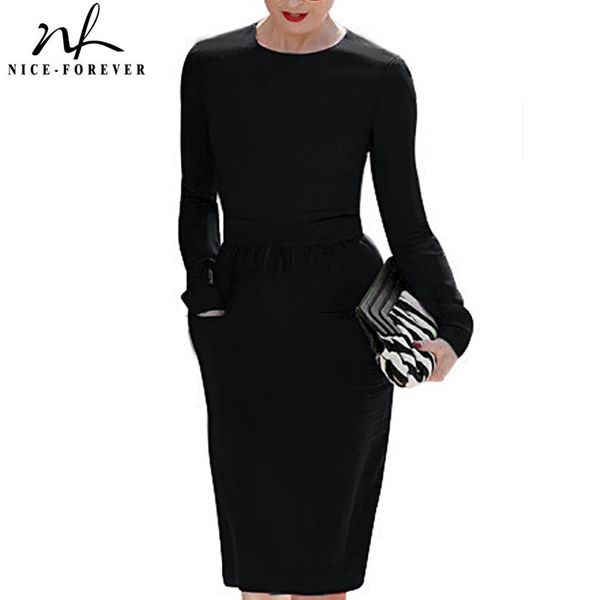 Nice-Forever Spring Femmes Noir Couleur Noire avec poche Élégante Robes Business Office Gaine Slim Vintage Robe G456 210419