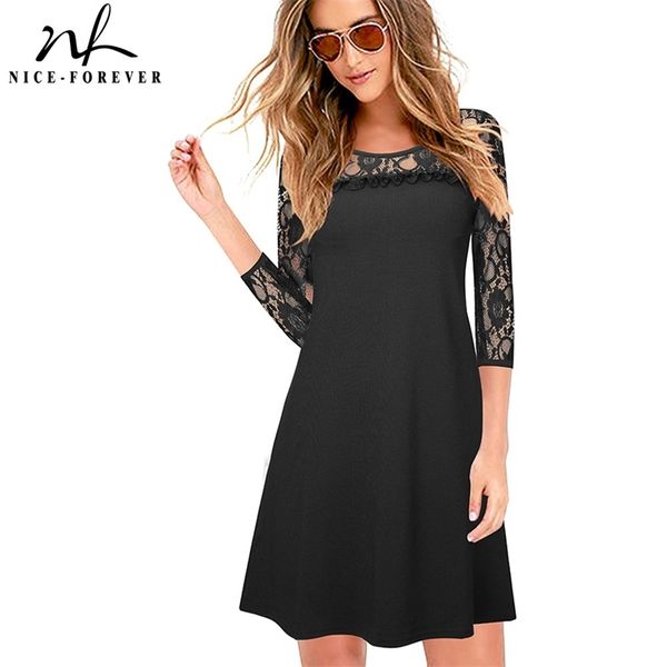 Nice-forever Spring Mujer Moda Negro Encaje Patchwork Vestidos elegantes Fiesta Recto Vestido de cambio de gran tamaño btyT023 210419