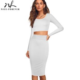 Nice-forever lente vrouwen sexy ronde hals set club party bodycon tube tuniek rok pak 1 bty688 210419