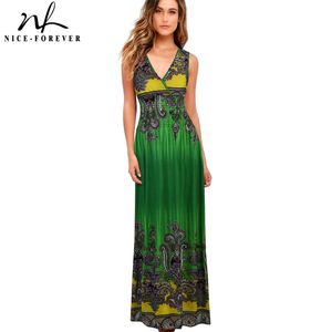 Nice-Forever Summer Bohemian Mouwloze gedrukte jurken Vloerlengte Maxi Dames Beach Dress BTY002 210419