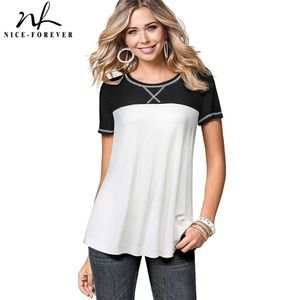Nice-Forever Summer Chic Contraste Couleur Patchwork T-shirts Casual Femmes Tees lâches Tops T049 210419